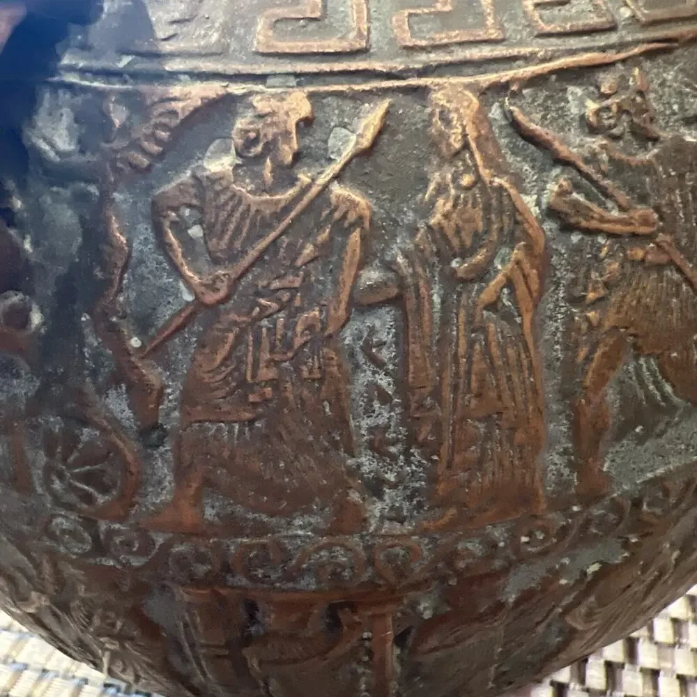 Vintage Greek Earthenware Jar Figural Motif Decor 5.8